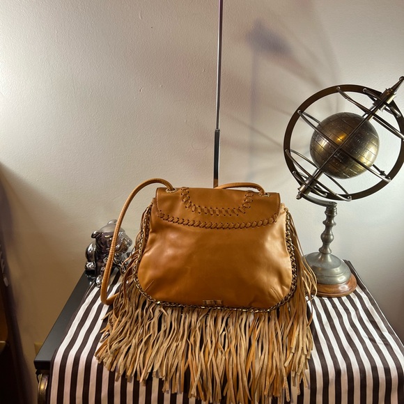Henri Bendel tan leather fringe front flap crossbody purse - Picture 6 of 13